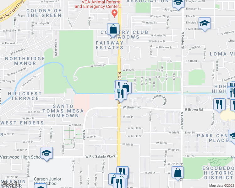 map of restaurants, bars, coffee shops, grocery stores, and more near 0 Tempe Canal Service Road in Mesa