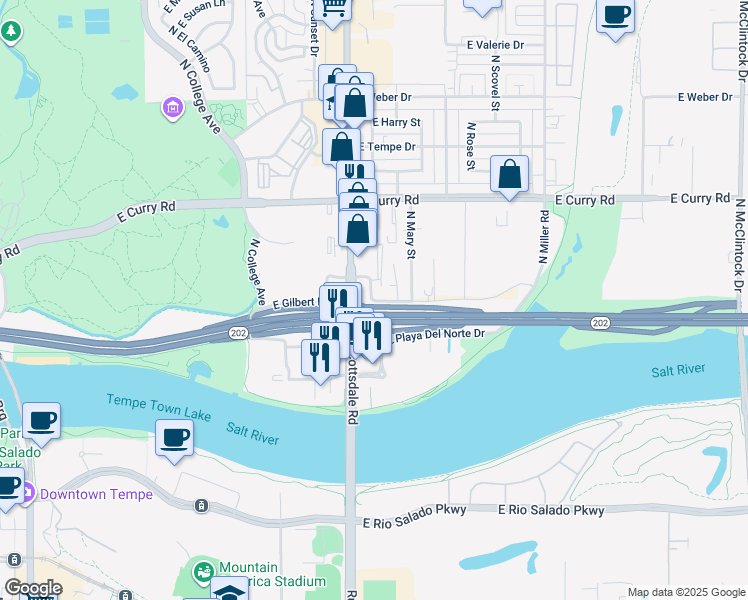map of restaurants, bars, coffee shops, grocery stores, and more near East Gilbert Drive in Tempe