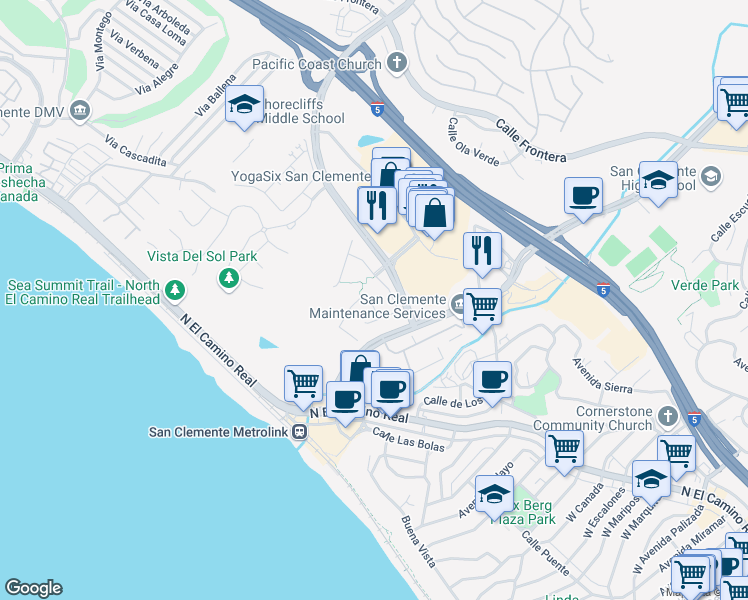 map of restaurants, bars, coffee shops, grocery stores, and more near 109 Via Salamanca in San Clemente