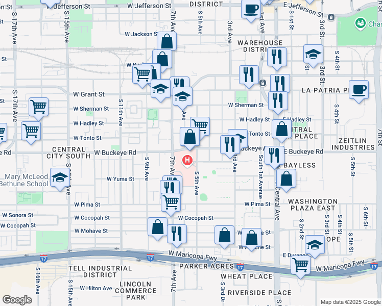 map of restaurants, bars, coffee shops, grocery stores, and more near 639 West Buckeye Road in Phoenix