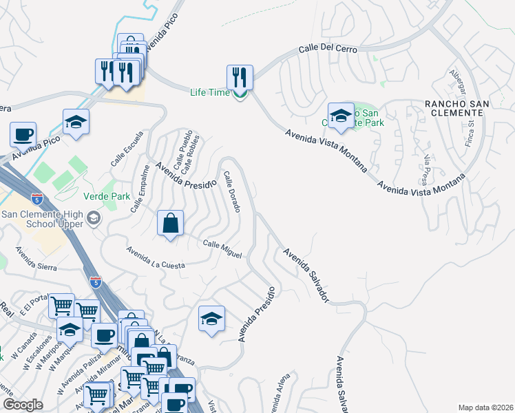 map of restaurants, bars, coffee shops, grocery stores, and more near 802 Avenida Presidio in San Clemente