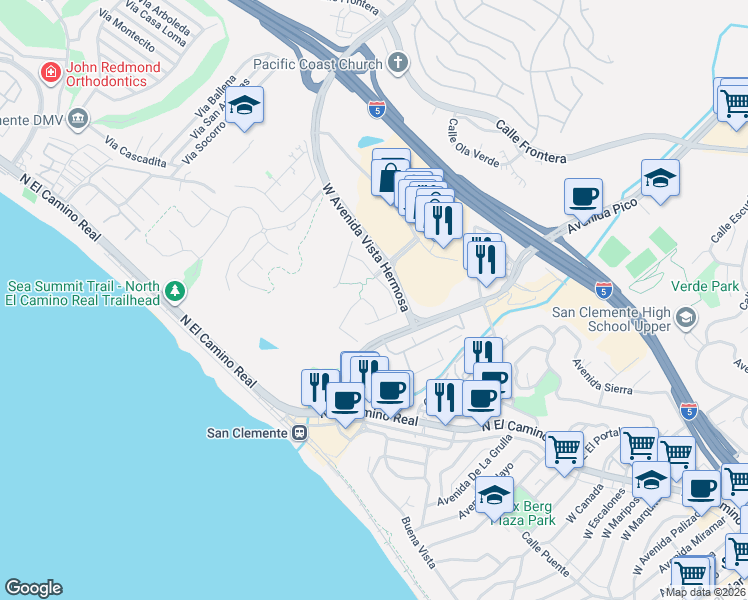 map of restaurants, bars, coffee shops, grocery stores, and more near 109 Via Salamanca in San Clemente