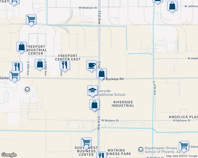map of restaurants, bars, coffee shops, grocery stores, and more near W Buckeye Rd & S 51st Ave in Phoenix