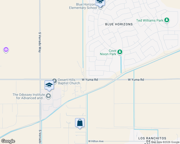 map of restaurants, bars, coffee shops, grocery stores, and more near 20258 West Desert Bloom Street in Buckeye