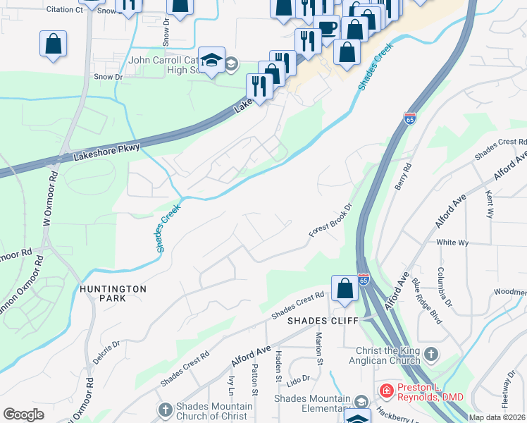 map of restaurants, bars, coffee shops, grocery stores, and more near 1600 Brookcrest Circle in Birmingham