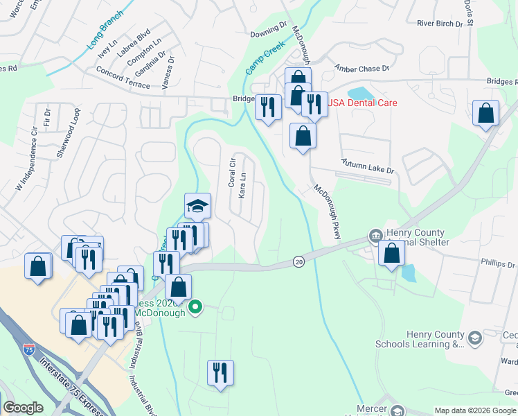 map of restaurants, bars, coffee shops, grocery stores, and more near 151 Prity Court in McDonough
