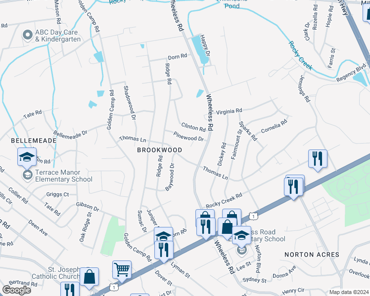 map of restaurants, bars, coffee shops, grocery stores, and more near 2353 Pinewood Court in Augusta