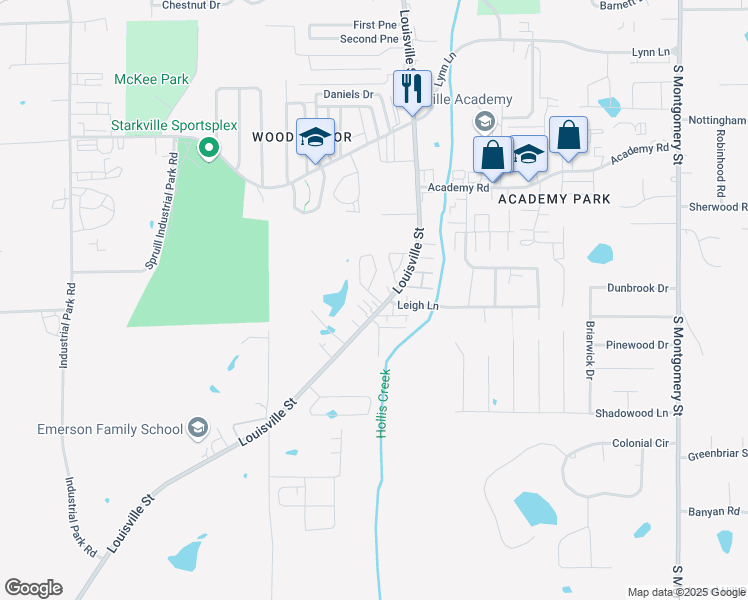 map of restaurants, bars, coffee shops, grocery stores, and more near 1332 Louisville Street in Starkville