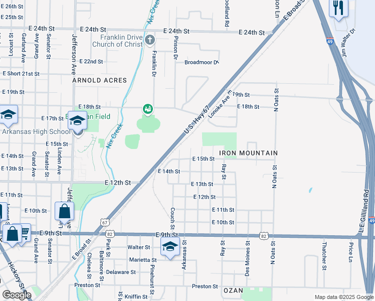 map of restaurants, bars, coffee shops, grocery stores, and more near 1509 Kline Street in Texarkana