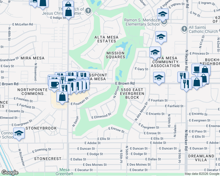 map of restaurants, bars, coffee shops, grocery stores, and more near in Mesa