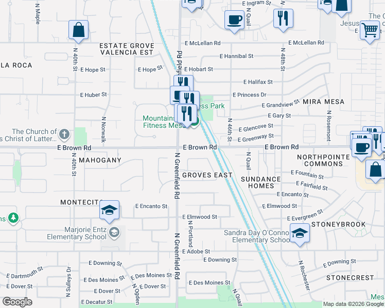 map of restaurants, bars, coffee shops, grocery stores, and more near 4448 East Fox Street in Mesa