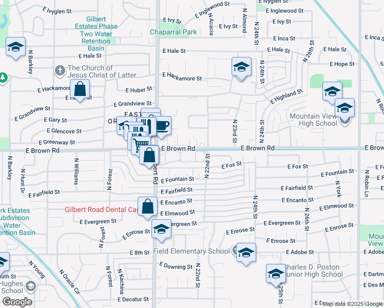 map of restaurants, bars, coffee shops, grocery stores, and more near 2059 East Brown Road in Mesa