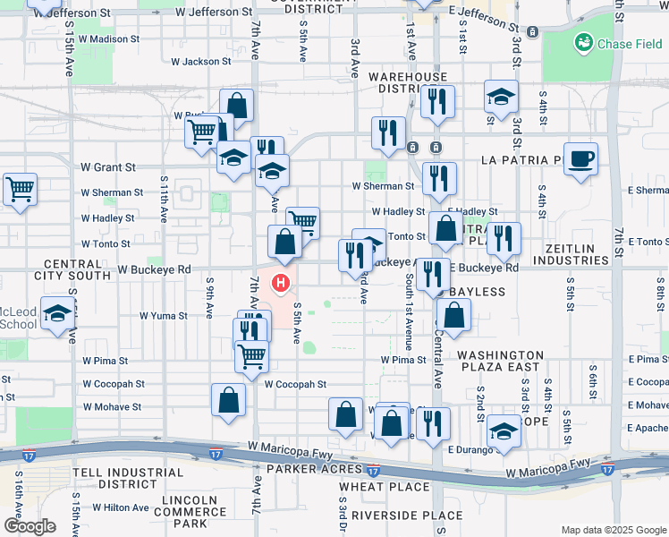 map of restaurants, bars, coffee shops, grocery stores, and more near 1114 South 3rd Drive in Phoenix