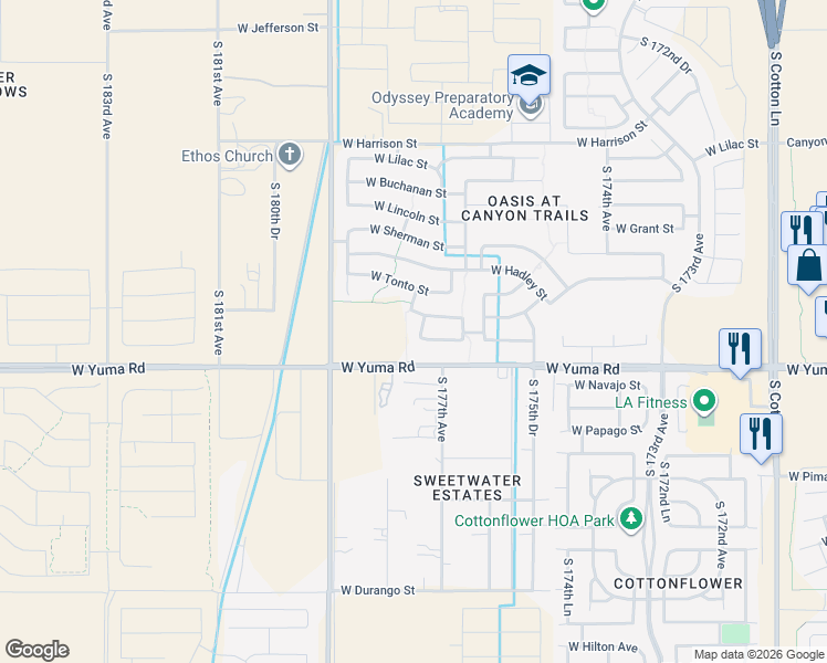 map of restaurants, bars, coffee shops, grocery stores, and more near 1102 South 177th Drive in Goodyear
