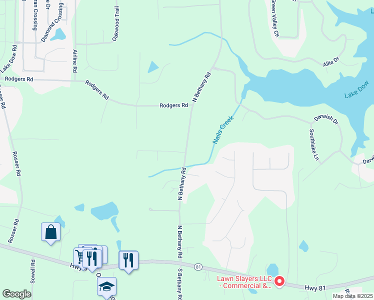 map of restaurants, bars, coffee shops, grocery stores, and more near South Bethany Road in Henry County