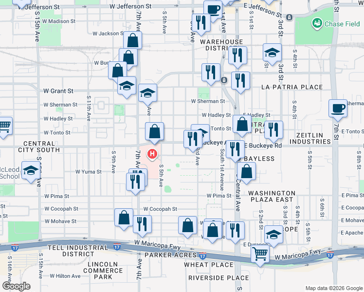 map of restaurants, bars, coffee shops, grocery stores, and more near 1114 South 3rd Drive in Phoenix