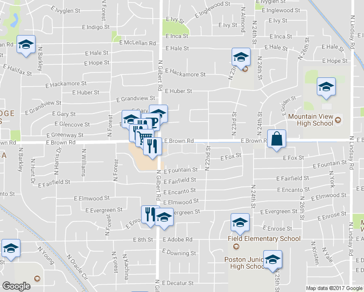 map of restaurants, bars, coffee shops, grocery stores, and more near 2059 North Villas Valencia in Mesa