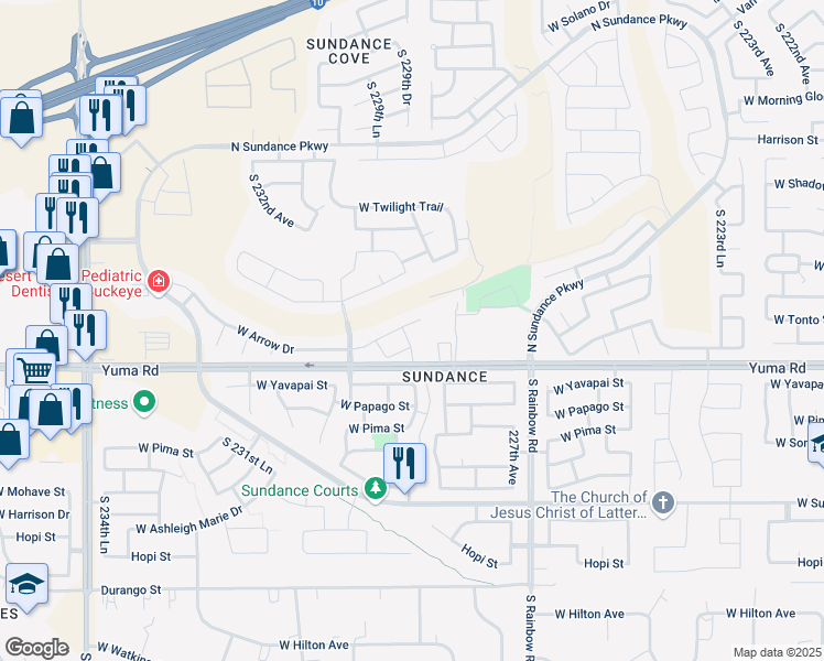 map of restaurants, bars, coffee shops, grocery stores, and more near 1115 South 229th Avenue in Buckeye