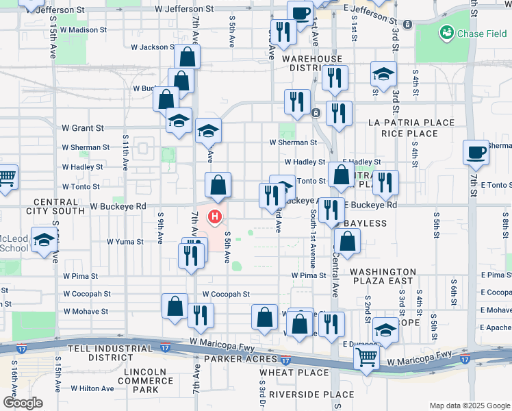 map of restaurants, bars, coffee shops, grocery stores, and more near 1114 South 3rd Drive in Phoenix