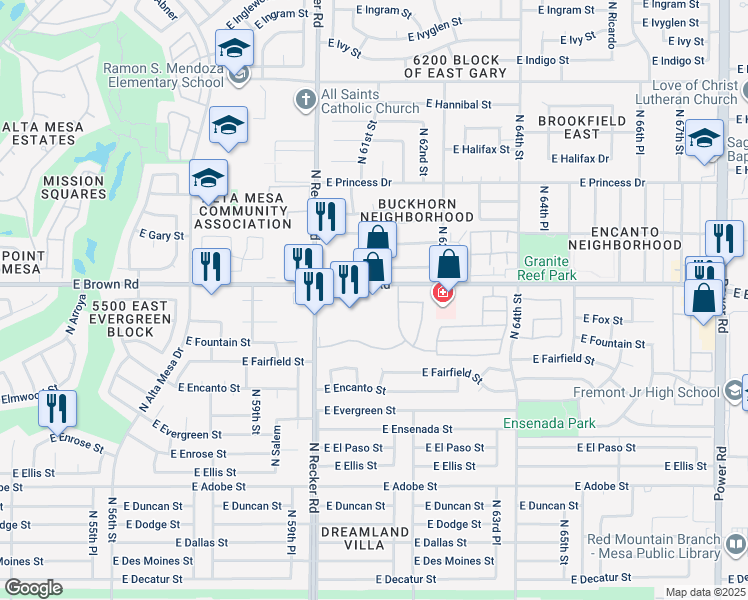 map of restaurants, bars, coffee shops, grocery stores, and more near 6129 East Brown Road in Mesa