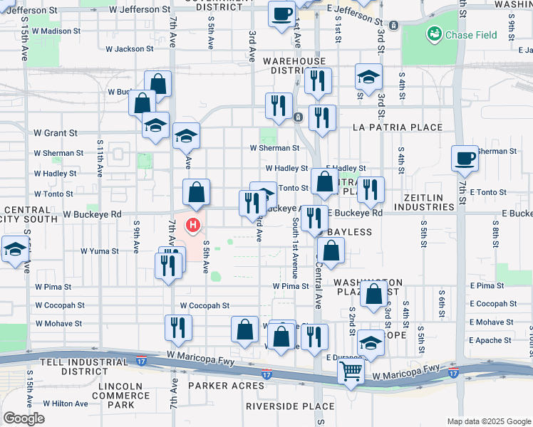 map of restaurants, bars, coffee shops, grocery stores, and more near 1121 South 3rd Avenue in Phoenix