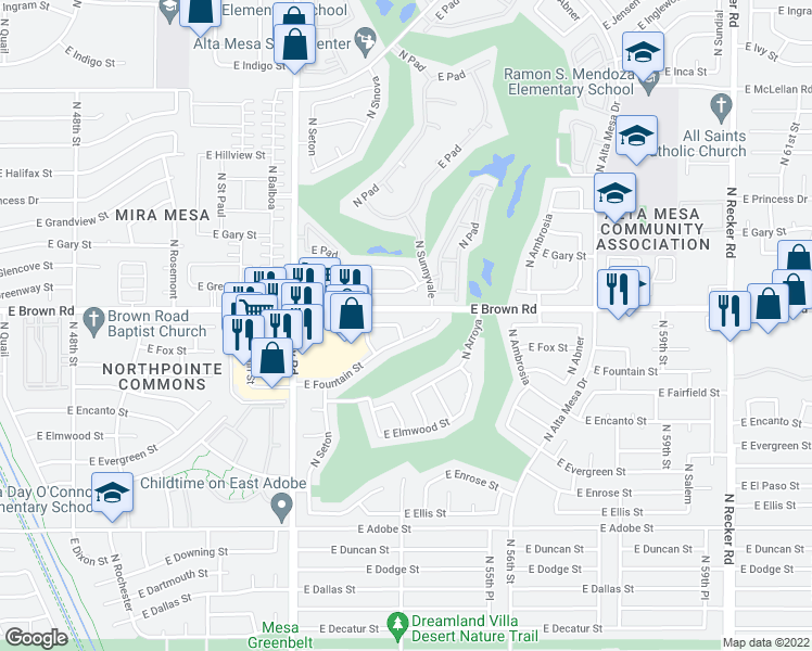 map of restaurants, bars, coffee shops, grocery stores, and more near 5362 E Fairbrook St in Mesa