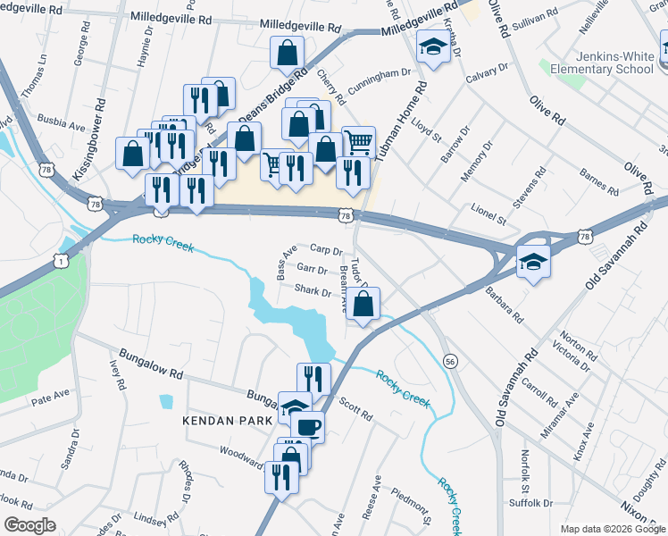 map of restaurants, bars, coffee shops, grocery stores, and more near 2023 Garr Drive in Augusta