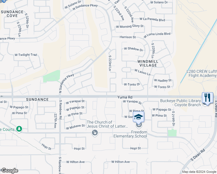 map of restaurants, bars, coffee shops, grocery stores, and more near 1086 South 223rd Lane in Buckeye