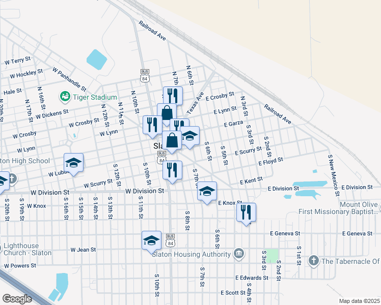 map of restaurants, bars, coffee shops, grocery stores, and more near 140 East Panhandle Avenue in Slaton