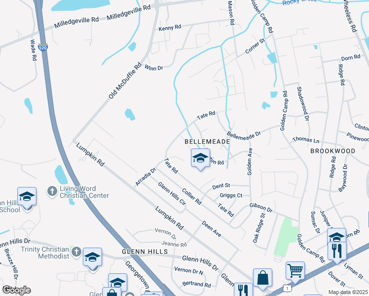map of restaurants, bars, coffee shops, grocery stores, and more near 3009 Roxbury Court in Augusta