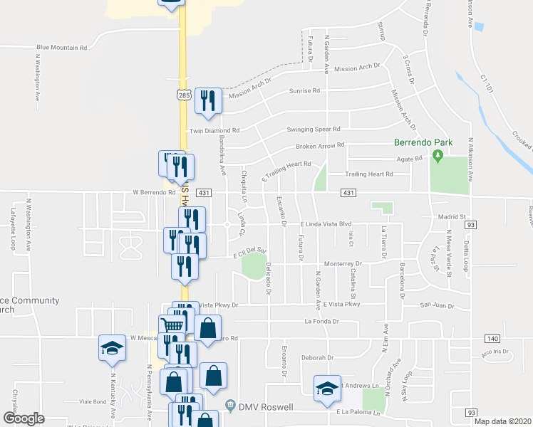 map of restaurants, bars, coffee shops, grocery stores, and more near 3205 Delicado Drive in Roswell