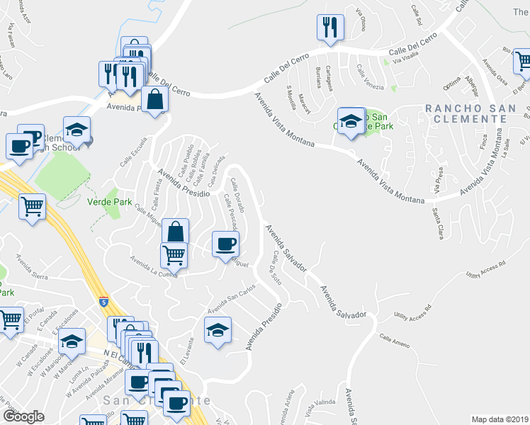 map of restaurants, bars, coffee shops, grocery stores, and more near 804 Avenida Presidio in San Clemente