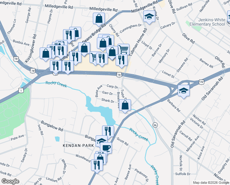 map of restaurants, bars, coffee shops, grocery stores, and more near 2023 Garr Drive in Augusta