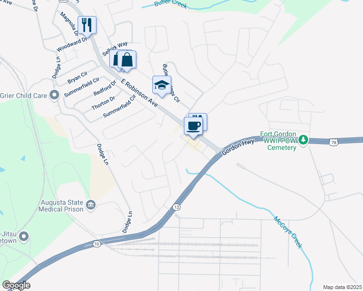map of restaurants, bars, coffee shops, grocery stores, and more near 1518 Chase Creek Drive in Grovetown