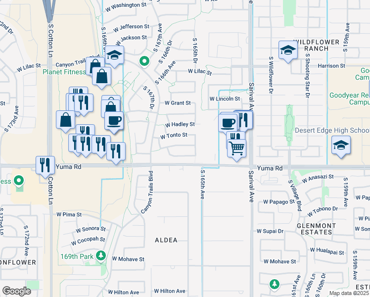 map of restaurants, bars, coffee shops, grocery stores, and more near 16524 West Maricopa Street in Goodyear