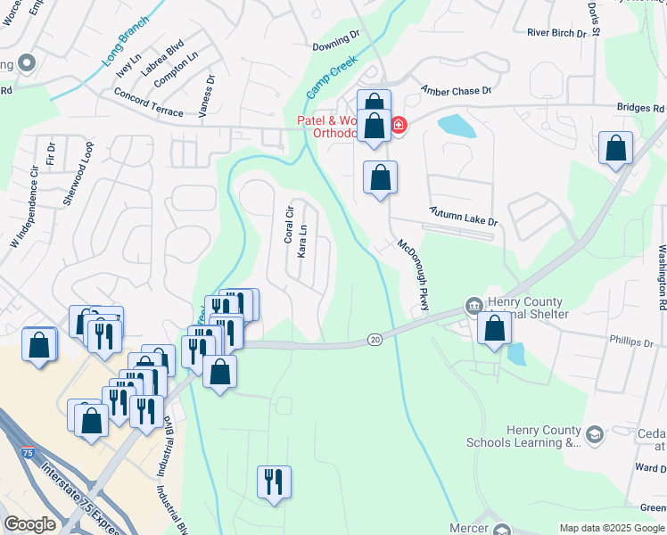 map of restaurants, bars, coffee shops, grocery stores, and more near 154 Prity Court in McDonough