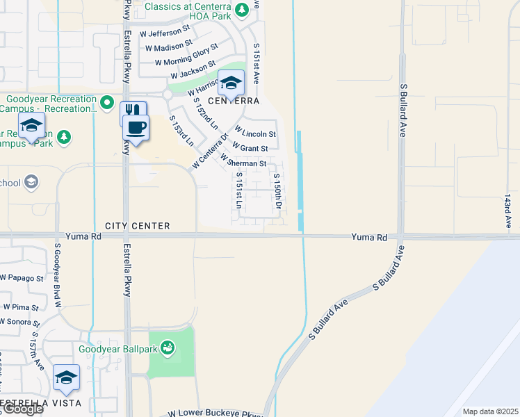 map of restaurants, bars, coffee shops, grocery stores, and more near 15121 West Desert Bloom Street in Goodyear