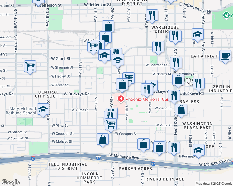 map of restaurants, bars, coffee shops, grocery stores, and more near 639 West Buckeye Road in Phoenix