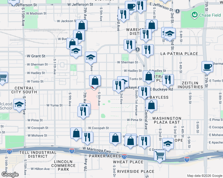 map of restaurants, bars, coffee shops, grocery stores, and more near 1114 South 3rd Drive in Phoenix