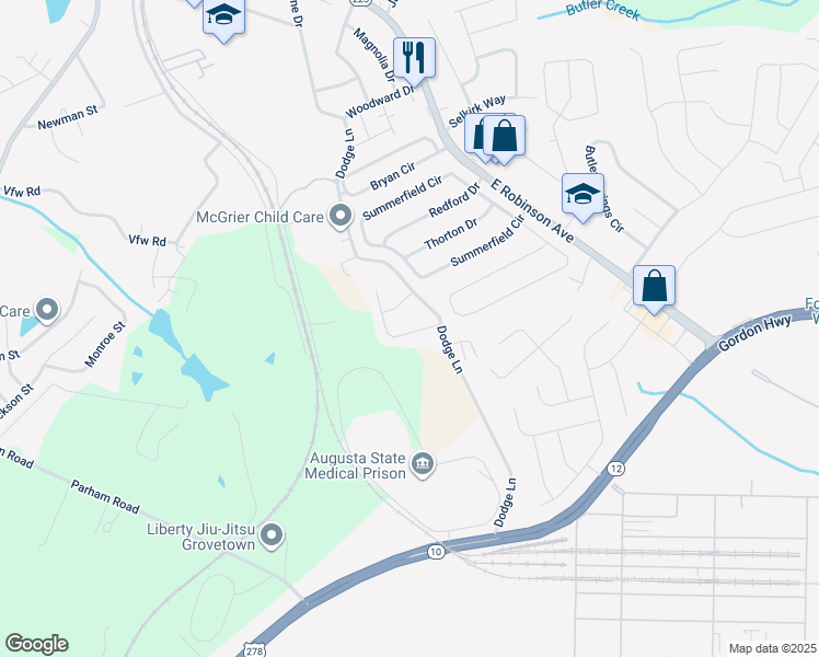 map of restaurants, bars, coffee shops, grocery stores, and more near 530 Beretta Drive in Grovetown