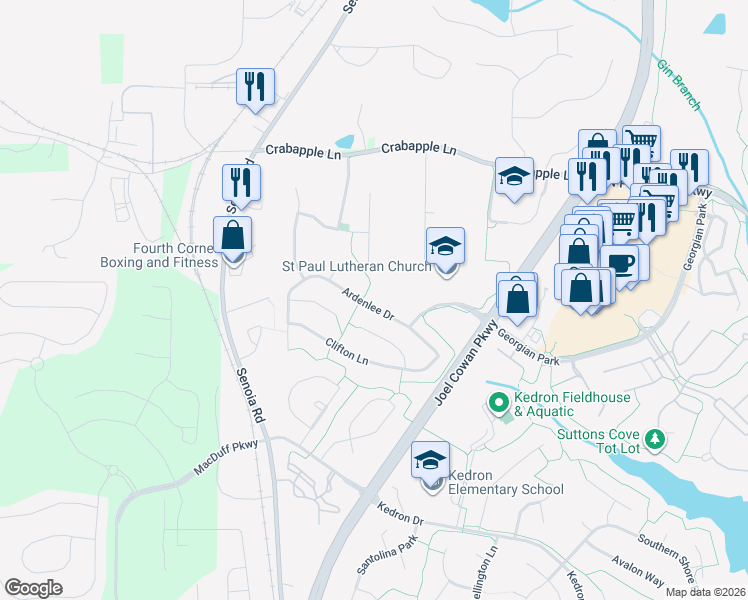 map of restaurants, bars, coffee shops, grocery stores, and more near 128 Ardenlee Drive in Peachtree City