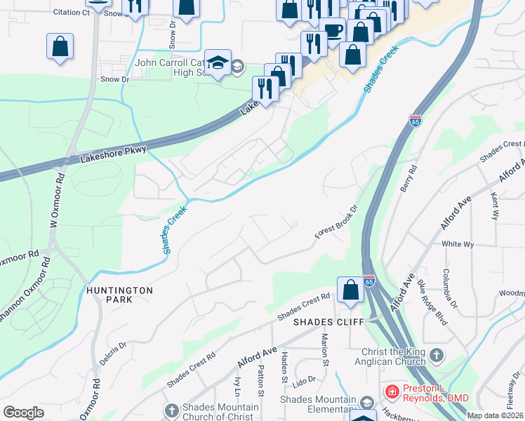 map of restaurants, bars, coffee shops, grocery stores, and more near 1600 Brookcrest Circle in Birmingham