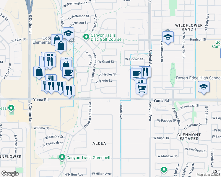 map of restaurants, bars, coffee shops, grocery stores, and more near 16547 West Desert Bloom Street in Goodyear