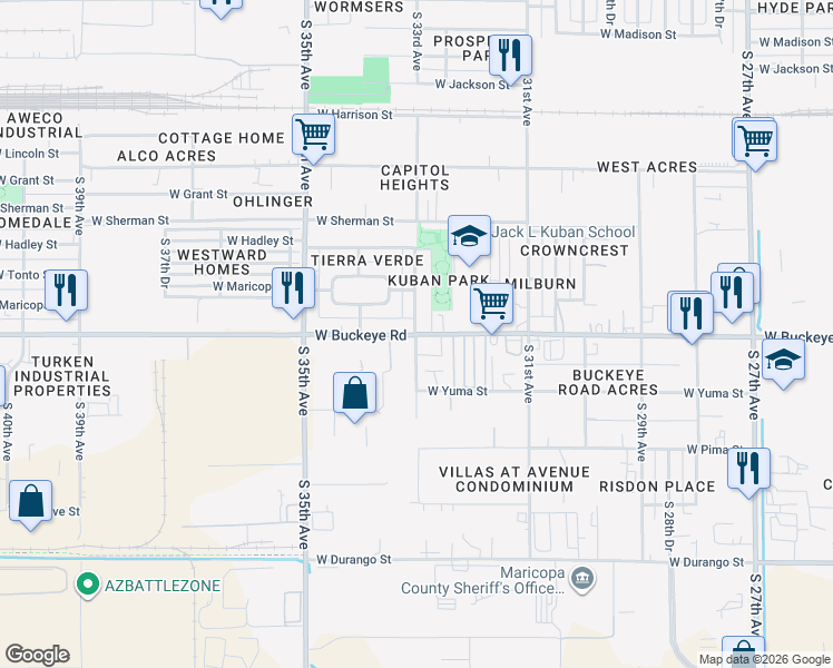 map of restaurants, bars, coffee shops, grocery stores, and more near West Buckeye Road & South 33rd Avenue in Phoenix
