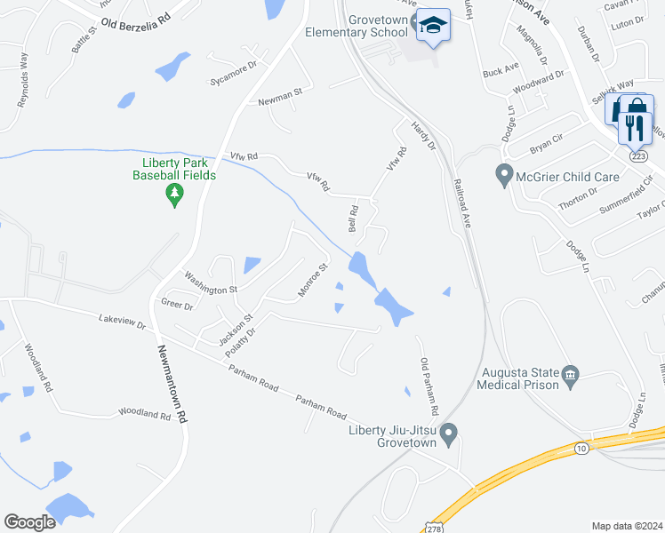 map of restaurants, bars, coffee shops, grocery stores, and more near 676 Monroe Street in Grovetown
