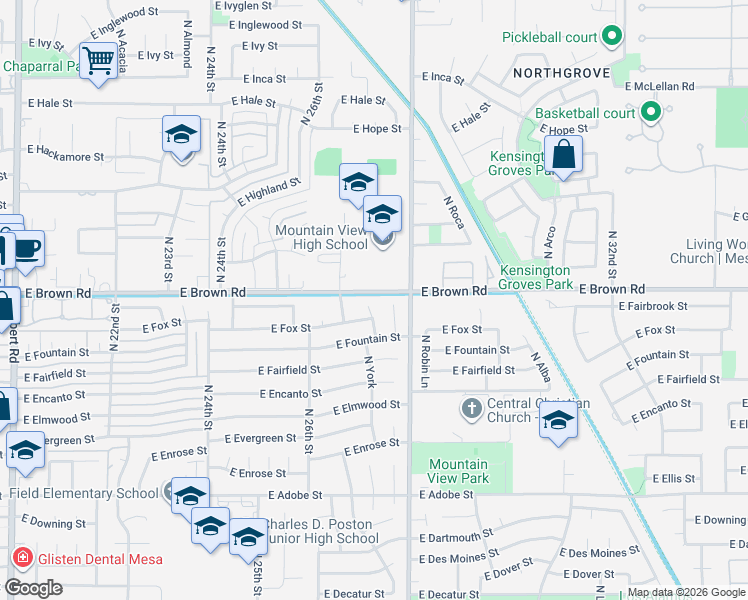 map of restaurants, bars, coffee shops, grocery stores, and more near 1131 North York Circle in Mesa