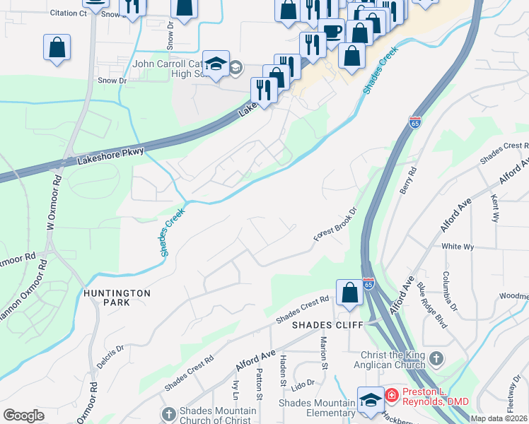 map of restaurants, bars, coffee shops, grocery stores, and more near 1600 Brookcrest Circle in Birmingham