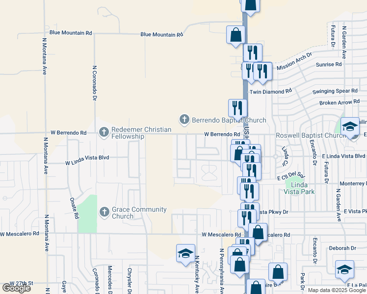 map of restaurants, bars, coffee shops, grocery stores, and more near 163 West Linda Vista Boulevard in Roswell