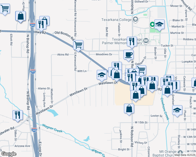 map of restaurants, bars, coffee shops, grocery stores, and more near 410 Westlawn Drive in Texarkana