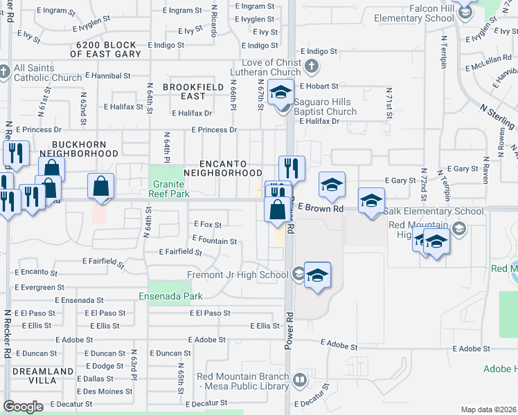 map of restaurants, bars, coffee shops, grocery stores, and more near 6731 East Brown Road in Mesa